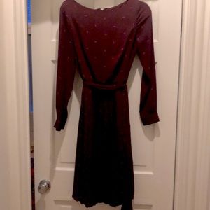 Ann Taylor burgundy pleated long sleeve dress with tie belt